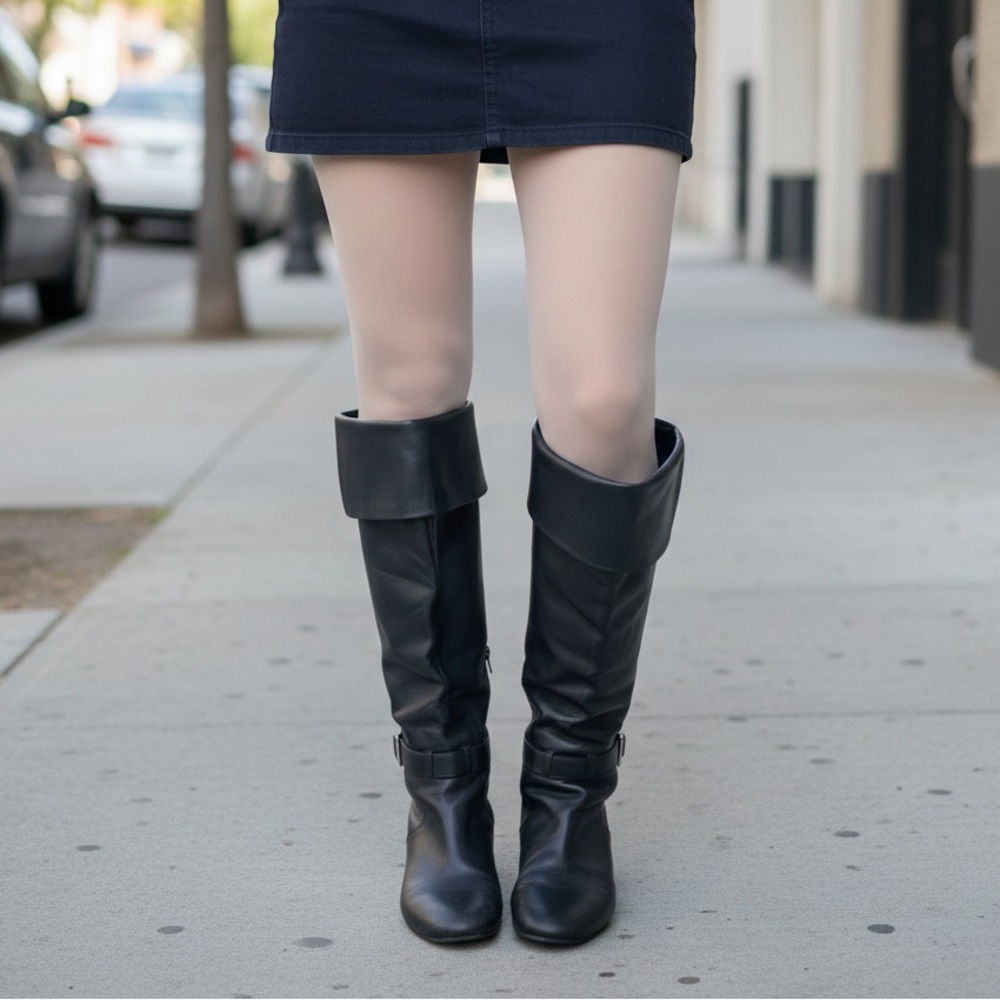 COLE HAAN Womens Size 9 B Black Leather Zip Buckle Knee High Fashion Boots